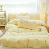 elvesmall Pink Bedding Sets Solid Color Washed Cotton Home Girls Bedroom Decor Duvet Cover Pillowcase Bedspread Embroidery Four Piece Set