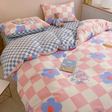 elvesmall Blue Plaid Bedding Set Fashion Soft Bed Linen Single Full Queen Size Boys Girls Duvet Cover Flat Sheet Pillowcases Kit