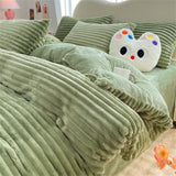 elvesmall Striped Bedding Sets Milk Velvet Winter Warm Four Piece Sets Thicken Bed Linen Quilt Cover Sheet Pillowcase King Bedroom Decor