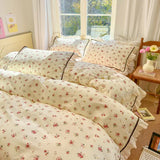 elvesmall Floral Print Pure Cotton Home Bedding Set Lace Edge Duvet Cover Set With Flat Sheet Vintage Rose Comforter Covers Pillowcases