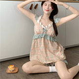 elvesmall  Plaid Sleepwear Women Pajama Sets Summer Pijama Shorts Sets 2 Pieces Korean Ruffles Night Wears Lace Pyjamas V-neck Home Suit