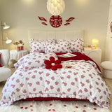 elvesmall  King Size Bedding Set 100% Cotton Red Wedding Bedding Set Floral Printed Bed Linen Duvet Cover Set Bed Sheets and Pillowcases