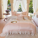 elvesmall 600TC Bamboo Lyocell Premium Elegant Sweet Bedding Set French Romance Flowers Embroidery White Lace Ruffle edge Duvet Cover 4Pcs