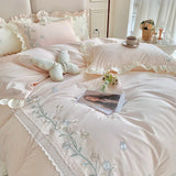 elvesmall  100%Cotton Princess Bedding Set Soft Washed Cotton Flowers Embroidery Lace Ruffles Quilt Cover Set Flat/Fitted Sheet Pillowcases