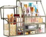 elvesmall Hersoo Glass Antique Brass Stackable Drawer Set Makeup Organizer for Vanity Antique Countertop Vanity Cosmetic Storage Box