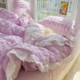 elvesmall Korean Princess  Bedding Set Duvet Cover Ins Style Wash Cotton Solid Color Summer Soft Bed Sheet Set Comforter Set Quilt Cover