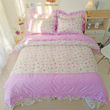 elvesmall Elegant Flowers Print Bedding Sets King Queen Size Pastoral Style Ruffle Lace Duvet Cover Bed Sheet Pillowcases Home Textile
