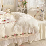 elvesmall Korean Princess Bedding Set Flowers Lace Ruffles Duvet Cover Set Bed Sheet Pillowcase Solid Color Bed Linen for Girls Queen Size