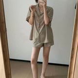 elvesmall  Women Pajamas Sets for Home Summer Solid Sleepwear Shorts Sleeve Turn Down Collar 2 Pieces Night Wears Korean Home Suit New