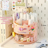elvesmall Cute Rotating Pen Holder Desktop Drawer Stationery Box Case School Office Desk Kawaii Stationery Storage Box Organizer Stickers