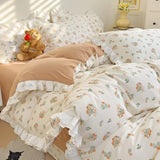 elvesmall Fresh Floral Duvet Cover Set No Filler Lace Ruffles Bedding Washed Cotton Bed Linens Flat Sheet Pillowcase for Girls 200x230cm