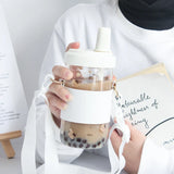 elvesmall  -  Kawaii Cat Bubble Tea Glass Water Bottle With Straw PU Sleeve Cute Boba Coffee Milk Cups Portable Girl Drinking Bottle BPA Free