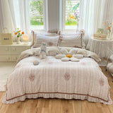 elvesmall French Country Style Princess Bedding Set, 100% Cotton, Floral Ruffled Edge, Duvet Cover, Flat, Fitted Bed Sheet, Pillowcases