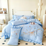 elvesmall Bedding Set Summer Embroidery Washed Cotton Bed Sheet Quilt Cover Duvet Cover Student Dormitory Skin Friendly Four-Piece Sets