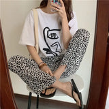 elvesmall  Leopard Pajamas Pants for Women Sleep Korean Style Sleepwear Summer Ankle Length Bottoms Home Elastic Waist Room Sleeping Wear