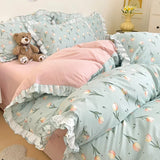 elvesmall Fresh Floral Duvet Cover Set No Filler Lace Ruffles Bedding Washed Cotton Bed Linens Flat Sheet Pillowcase for Girls 200x230cm