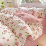 elvesmall Fresh Botanical Floral Bedding Set Washed Cotton Bed Linens Single Twin Full Size Quilt Cover Sheet Set for Girls Home Textiles