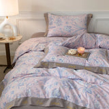 elvesmall Four-Piece Pure Cotton Satin Bedding Pastoral Light Luxury Plant Flower Printing and Dyeing Letter Lace Bed Sheet Quilt Cover