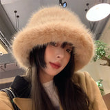 elvesmall y2k Fluffy Faux Fur Bucket Hat Women Rabbit Fur Warm Thick Plush Winter Hat Lady Luxury Fashion Party Panama Fisherman Cap