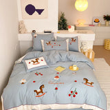 elvesmall -  Lucky Trojan Embroidered Bedding Set 100% Cotton Brushed Skin Friendly Duvet Cover Set with Bed Sheet High-end Blanket Cover Set