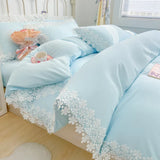 elvesmall  Solid Color Bedding Set with Lace Edge Princess Style Pink Bed Cover Set Queen/King Bed Sheet Sets for Girls Double Bedding Sets