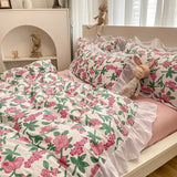 elvesmall Floral Duvet Cover Set 4pcs Soft Ruffle Vintage Flower Bedding Set Light Luxury Reversible Comforter Cover with Zipper Closure