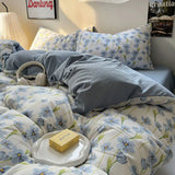 elvesmall Ins Bedding Set Duvet Cover Fresh Blue Floral. Wrinkled Yann Bed Set Of Four Pieces, Washing Cotton Sheets Bed Sheets