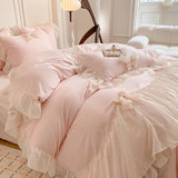 elvesmall  Chiffon Lace Bedding Set Pink France Romantic Princess Wedding Ruffles Bow Soft Duvet Cover Bed Sheet Pillowcases Home Textile
