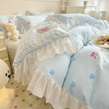 elvesmall French Princess Lace Ruffles Romantic Bedding Set Luxury Flowers Girls Duvet Cover Skirt Sheet and PillowcasesQueen King Size
