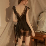 elvesmall  French Romantic Nightdress Women's Nightgown V-neck Chemise Sleepwear Lace Nightwear Soft Lingerie for Women