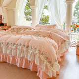 elvesmall  Korean Style Pink Lace Bedspread Bedding Set King Queen Luxury Princess Duvet Cover Bed Skirts Bedcloth Soft Cotton Home Textile