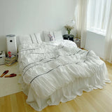 elvesmall Girls Pleat Cotton Bedding Set Solid Bed Linen King Queen Twin Double Size Duvet Cover Sets
