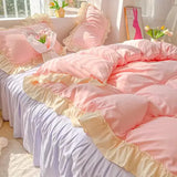 elvesmall  Princess Korean Style Bedding Set Aesthetic Queen Full King Size Solid Color Double Bed Bedspread Sheets Ruffled Duvet Cover Set