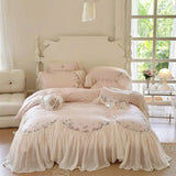 elvesmall  Romantic French Wedding Bedding Set 1000TC Egyptian Cotton Rose Flowers Embroidery Ruffles Duvet Cover Set Bed Sheet Pillowcases