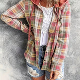 Plus Size Plaid Print Hooded Shirt, Casual Long Sleeve Button Front Shirt, Women's Plus Size Clothing