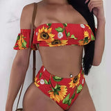 New Split One Line Shoulder Lotus Leaf Edge Suower Print High Waist Sexy Bikini Swimsuit