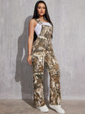 Women's Camouflage Print Denim Overalls, Fashion Denim Jumpsuit With Pockets, Sleeveless, Casual Style