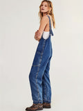 Plain Washed Loose Fit Adjustable Strap Patch Pocket Casual Hip Hop Denim Overall Dungarees, Women's Denim Jeans & Clothing