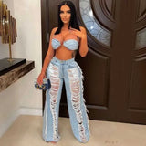 Two Piece Dress Echoine New Sexy Denim Two Piece Set Lace Up Ring Bra Top Hollow Out Hole Tassel Jeans Summer Party Night Clubwear Outfits T230113