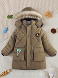 Stylish Boys' Warm Thick Hooded Jacket - Soft Fleece Lining, Zip-Up Closure, Patched Design, Water-Resistant, Windproof, and Breathable - Perfect for Winter Outdoor Activities, As a Thoughtful Gift