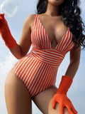 New One-piece Large V-neck Striped Backless Women's Sexy Swimsuit