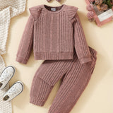 Toddler Baby Girls Cotton Ribbed Flying Sleeve Long Sleeve Top Trousers 2pcs Set, Kids Clothes Autumn And Winter