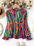 Plus Size Ruffle Charmeuse Blouse with Vibrant Prints - Casual & Comfortable Spring Wear for Fashion-Forward Women