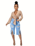 High-Stretch Womens Bermuda Denim Midi Shorts - Distressed Raw Fringe Hem, Ripped Split Details, Fashionable Summer Jeans Wear with Tassel Accents - Solid Color, No Printing, Casual Style, Woven Fabric