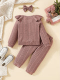 Toddler Baby Girls Cotton Ribbed Flying Sleeve Long Sleeve Top Trousers 2pcs Set, Kids Clothes Autumn And Winter