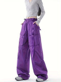 High Waist Casual Sports Trouser, Loose Fit Flap Pockets Solid Color Cargo Pants, Women's Activewear