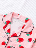 Strawberry Print Short Sleeve Pajama Set for Women - Soft Micro Elasticity Polyester Fabric, Cute Lapel Collar, Random Printing, Machine Washable, All-Season Sleepwear - Comfortable and Adorable Fruit Patterned PJs for a Relaxing Nights Sleep