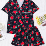 Strawberry Print Short Sleeve Pajama Set for Women - Soft Micro Elasticity Polyester Fabric, Cute Lapel Collar, Random Printing, Machine Washable, All-Season Sleepwear - Comfortable and Adorable Fruit Patterned PJs for a Relaxing Nights Sleep