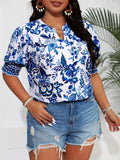 Plus Size Floral Print Blouse - Exquisite Elegant Notch Neck, Comfortable Short Sleeve Style, Perfect for Spring and Summer - Womens Plus Size Clothing for a Flattering Silhouette