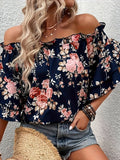 Plus Size Strapless Elegant Floral Print Off Shoulder Blouse - Woven Polyester Vacation Style with Ruffle Sleeve and Layered Design - Perfect for Spring and Summer Seasons